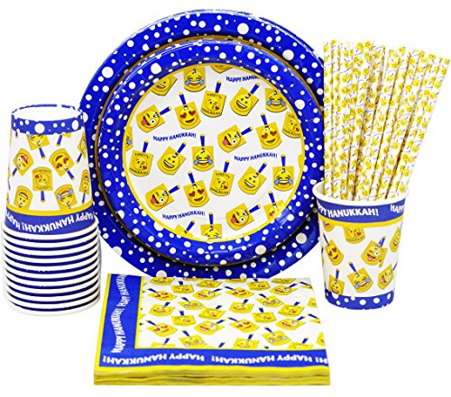 Hanukkah Paper Goods Set, Emoji Dreidel Design, Chanukah Plates, Cups, Napkins, and Straws